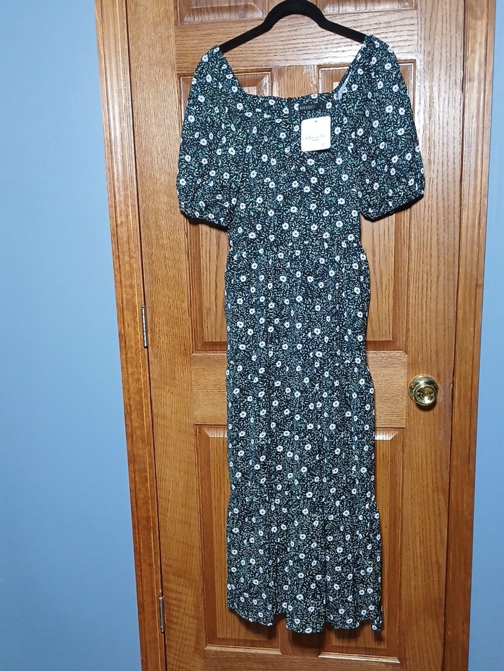 Mikarose Black & Green Floral Puff-Sleeve Maxi Dress L